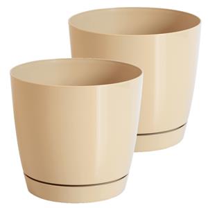 Prosperplast Set van 2x stuks plantenpotten/bloempotten kunststof rond glanzend mat goud dia 28 x hoogte 26 cm voor binnen/buiten