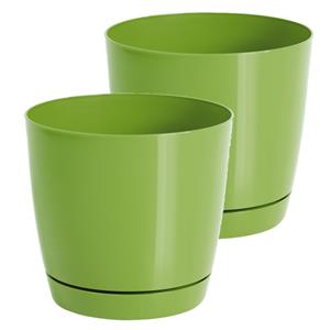 Prosperplast Set van 2x stuks plantenpotten/bloempotten kunststof rond glanzend kiwi groen dia 28 x hoogte 26 cm voor binnen/buiten