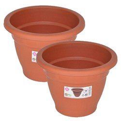 Hega Hogar Set van 8x stuks terra cotta kleur ronde plantenpot/bloempot kunststof diameter 16 cm - Plantenbakken/bloembakken voor buiten