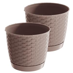 Prosperplast 2x stuks ronde gevlochten plantenpotten/bloempotten kunststof dia 30 cm en hoogte 26 cm in het taupe