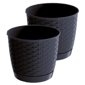 Prosperplast 2x stuks ronde gevlochten plantenpotten/bloempotten kunststof dia 30 cm en hoogte 26 cm in het antraciet grijs