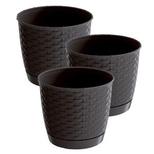 Prosperplast 3x stuks ronde gevlochten plantenpotten/bloempotten kunststof dia 22 cm en hoogte 19.5 cm in het donkerbruin