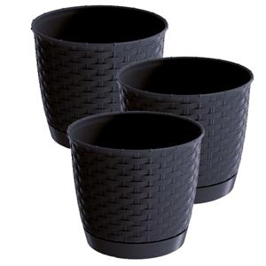 Prosperplast 3x stuks ronde gevlochten plantenpotten/bloempotten kunststof dia 22 cm en hoogte 19.5 cm in het antraciet grijs