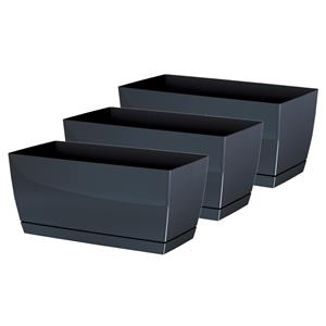 Prosperplast Set van 3x stuks plantenpotten/bloempotten kunststof glanzend antraciet grijs 29 x 14 x 13.6 cm voor binnen/buiten