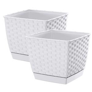 Prosperplast Set van 4x stuks plantenpot/bloempot rotan kunststof 22 x 22 cm en hoogte 19 cm parel wit voor binnen/buiten