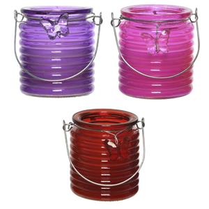 Decoris Set van 3x stuks citronella anti muggen kaarsen windlicht paars, roze en rood 20 branduren