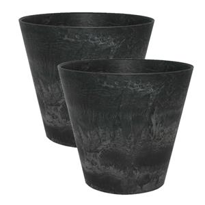 Steege 2x stuks plantenpot/bloempot tijdloze natuursteen look Dia 17 cm en Hoogte 15 cm in het Artstone zwart voor binnen/buiten