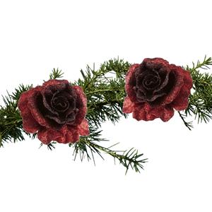 Cosy and Trendy 2x Stuks Kerstboomversiering Bloemen Op Clip Donkerrood Glitter 10 Cm - Kunstbloemen
