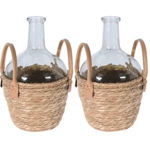 Set Van 2x Stuks Flesvaas Glas Transparant Met Gevlochten Rieten Mand 20 X 31 Cm - Vazen