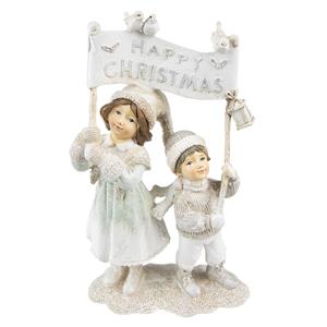 Clayre & Eef Beeld Kinderen 23 Cm Beige Kunststof Happy Christmas Kerstdecoratie Beeld Decoratie Decoratieve