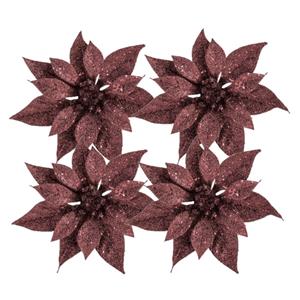 Cosy @ Home 4x stuks decoratie bloemen kerstster donkerrood glitter op clip 18 cm -