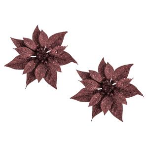 Cosy @ Home 2x stuks decoratie bloemen kerstster donkerrood glitter op clip 18 cm -