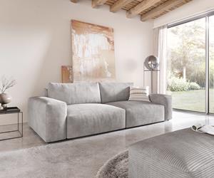 DELIFE Big-Sofa Lanzo XL 270x125 cm Cord Silbergrau mit Hocker