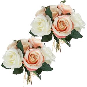 Atmosphera kunstbloemen 2 boeketten 7 roze/witte rozen 30 cm -