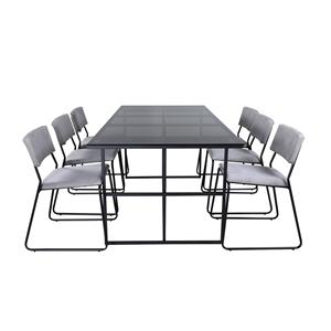 Hioshop Leif Eethoek Eetkamertafel Rokerig Glas En 6 Kenth Eetkamerstal Velours Grijs.