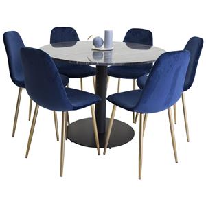 Hioshop Estelleø106blbl Eethoek Eetkamertafel Zwart, Marmer En 6 Polar Eetkamerstal Velours Blauw, Messing Decor.