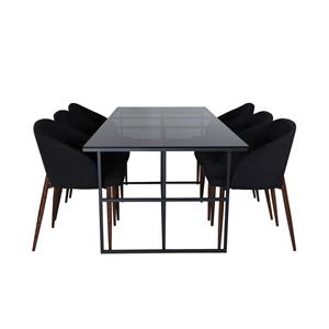 Hioshop Leif Eethoek Eetkamertafel Rokerig Glas En 6 Arch Eetkamerstal Zwart.