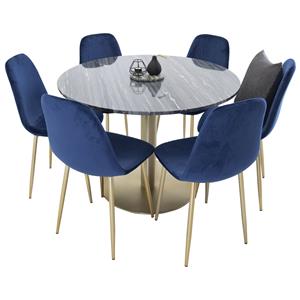 Hioshop Estelleø106blbr Eethoek Eetkamertafel Zwart, Marmer En 6 Polar Eetkamerstal Velours Blauw, Messing Decor.