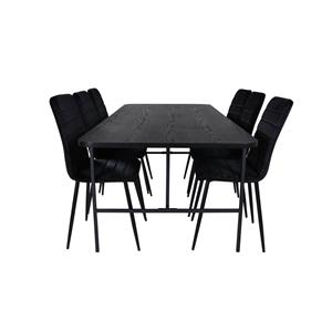 Hioshop Unobl Eethoek Eetkamertafel Zwart En 6 Windu Lyx Eetkamerstal Velours Zwart.