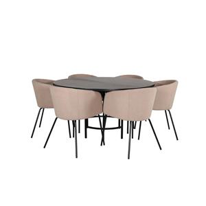 Hioshop Copenhagen eethoek eetkamertafel bruin en 6 Berit eetkamerstal beige.