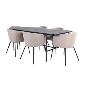 Hioshop UnoBL eethoek eetkamertafel zwart en 6 Berit eetkamerstal beige.