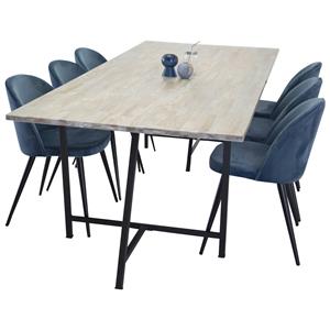 Hioshop Jepara Eethoek Eetkamertafel Teakhout En 6 Velvet Eetkamerstal Velours Blauw, Zwart.