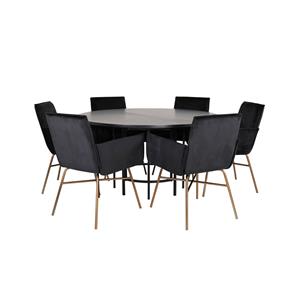 Hioshop Copenhagen Eethoek Eetkamertafel Bruin En 6 Pippi Eetkamerstal Velours Zwart.