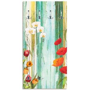 Artland Garderobenleiste "Bunte Blumen", platzsparende Wandgarderobe aus Holz mit 6 Haken, geeignet für kleinen, schmalen Flur, Flurgarderobe