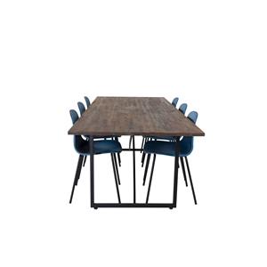 Hioshop Padang Eethoek Eetkamertafel Teakhout En 6 Arctic Eetkamerstal Blauw, Zwart.