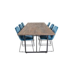 Hioshop Padang Eethoek Eetkamertafel Teakhout En 6 Muce Eetkamerstal Velours Blauw.