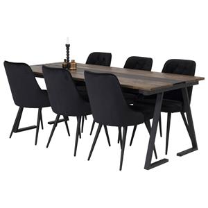 Hioshop Jakarta Eethoek Eetkamertafel Teakhout En 6 Velvet Deluxe Eetkamerstal Velours Zwart.