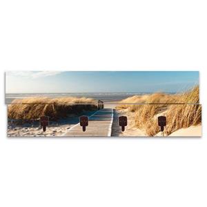 Artland Garderobenleiste "Nordseestrand auf Langeoog - Steg", platzsparende Wandgarderobe aus Holz mit 4 Haken, geeignet für kleinen, schmalen Flur, Flurgarderobe