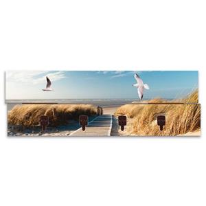 Artland Garderobenleiste "Nordseestrand auf Langeoog mit Möwen", platzsparende Wandgarderobe aus Holz mit 4 Haken, geeignet für kleinen, schmalen Flur, Flurgarderobe