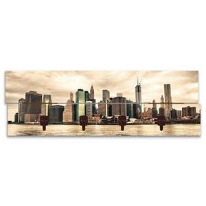 Artland Garderobenleiste "Lower Manhattan Skyline", platzsparende Wandgarderobe aus Holz mit 4 Haken, geeignet für kleinen, schmalen Flur, Flurgarderobe