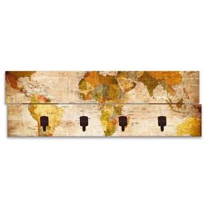 Artland Garderobenleiste "Weltkarte", platzsparende Wandgarderobe aus Holz mit 4 Haken, geeignet für kleinen, schmalen Flur, Flurgarderobe