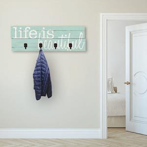 Artland Garderobenleiste "Das Leben ist schön", platzsparende Wandgarderobe aus Holz mit 4 Haken, geeignet für kleinen, schmalen Flur, Flurgarderobe