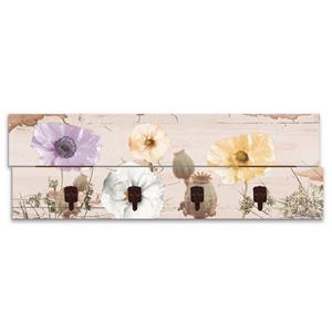 Artland Garderobenleiste "Mohnblumen auf hölzernem Untergrund", platzsparende Wandgarderobe aus Holz mit 4 Haken, geeignet für kleinen, schmalen Flur, Flurgarderobe