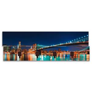 Artland Garderobenleiste "New York Skyline Brooklyn Bridge", platzsparende Wandgarderobe aus Holz mit 4 Haken, geeignet für kleinen, schmalen Flur, Flurgarderobe