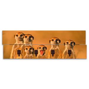 Artland Garderobenleiste "Erdmännchen Familie", platzsparende Wandgarderobe aus Holz mit 4 Haken, geeignet für kleinen, schmalen Flur, Flurgarderobe