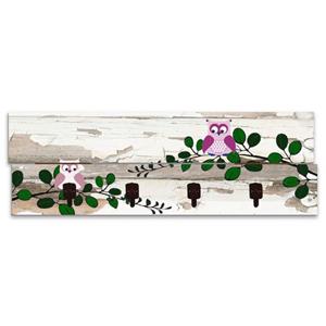 Artland Garderobenleiste "Eulen", platzsparende Wandgarderobe aus Holz mit 4 Haken, geeignet für kleinen, schmalen Flur, Flurgarderobe