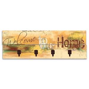 Artland Garderobenleiste "Willkommen in unserem Zuhause", platzsparende Wandgarderobe aus Holz mit 4 Haken, geeignet für kleinen, schmalen Flur, Flurgarderobe