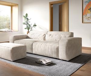 DELIFE Big-Sofa Sirpio XL 270x125 cm Cord Beige mit Hocker