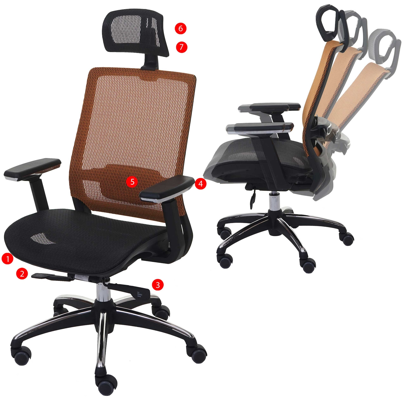 MCW Bürostuhl -A20, Schreibtischstuhl Drehstuhl, ergonomisch Kopfstütze Stoff/Textil ~ schwarz/orange
