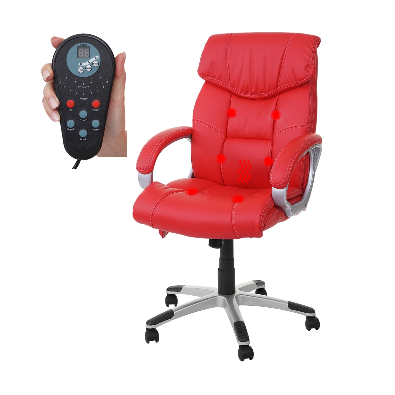 MCW Massage-Bürostuhl -A71, Drehstuhl Chefsessel, Heizfunktion Massagefunktion Kunstleder ~ rot