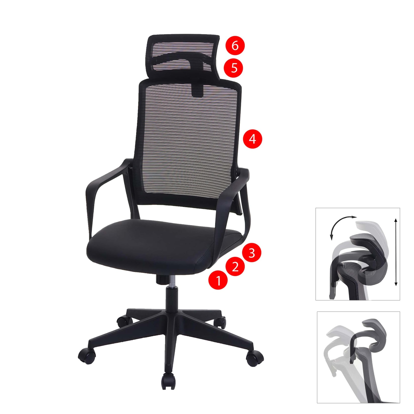 MCW Bürostuhl -J52, Drehstuhl Schreibtischstuhl, ergonomisch Kopfstütze, Kunstleder ~ schwarz