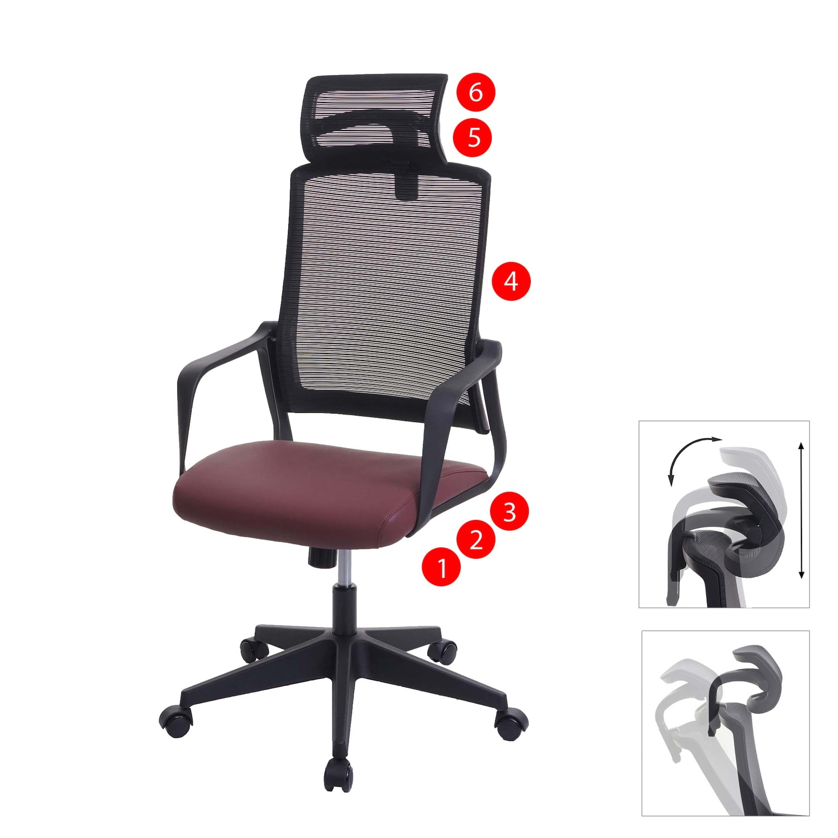 MCW Bürostuhl -J52, Drehstuhl Schreibtischstuhl, ergonomisch Kopfstütze, Kunstleder ~ bordeaux-rot