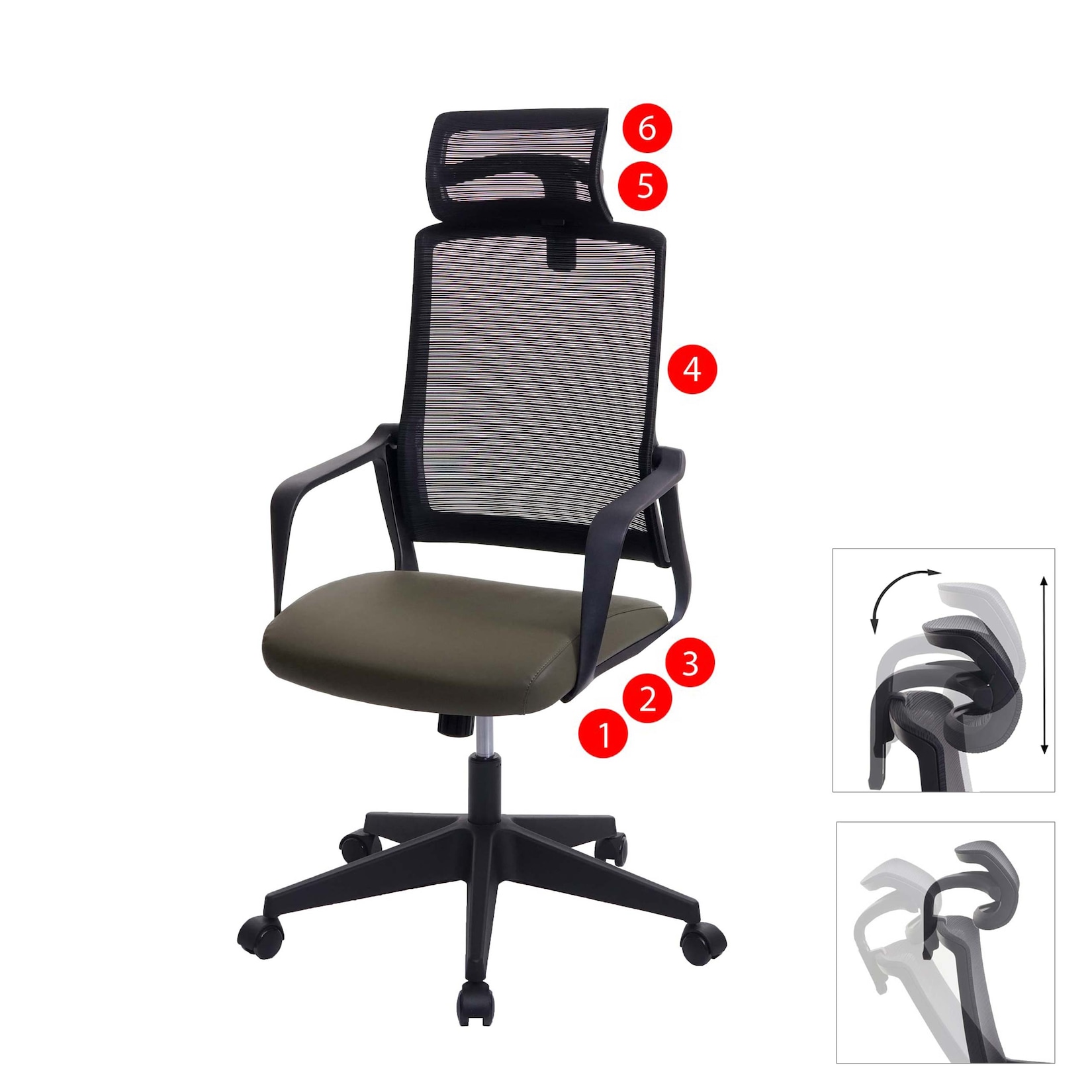 MCW Bürostuhl -J52, Drehstuhl Schreibtischstuhl, ergonomisch Kopfstütze, Kunstleder ~ olivgrün
