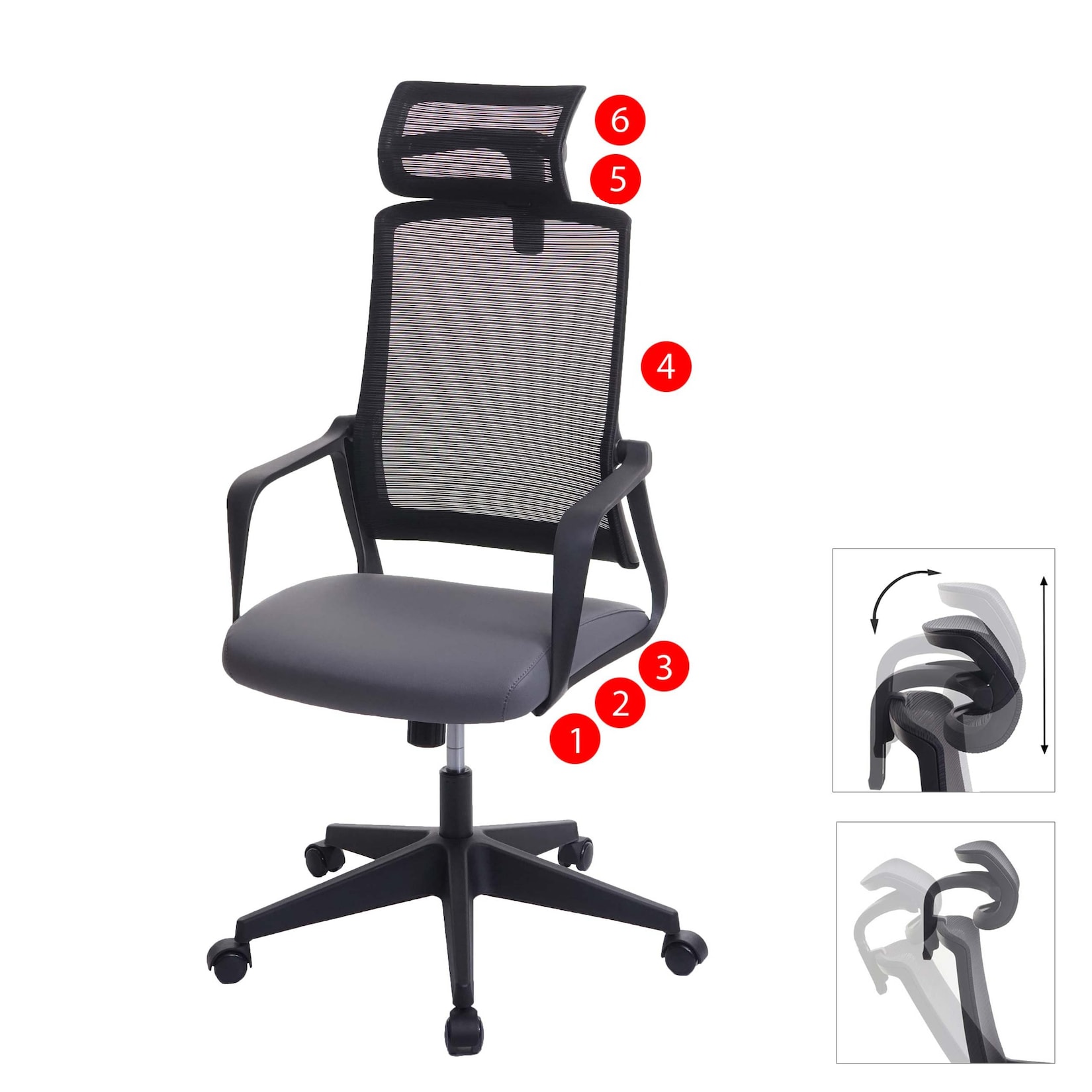 MCW Bürostuhl -J52, Drehstuhl Schreibtischstuhl, ergonomisch Kopfstütze, Kunstleder ~ grau