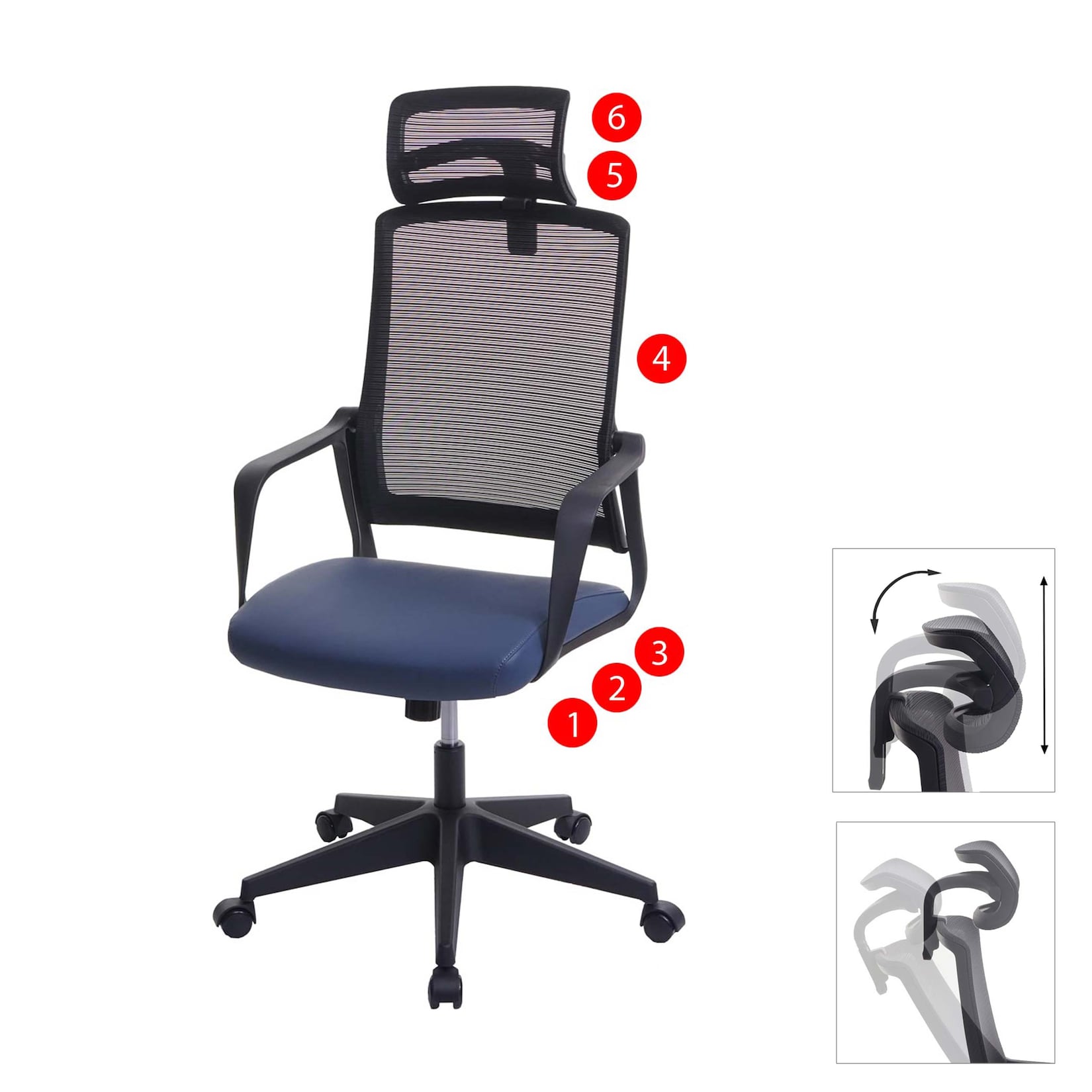 MCW Bürostuhl -J52, Drehstuhl Schreibtischstuhl, ergonomisch Kopfstütze, Kunstleder ~ blau-grau