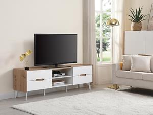 Kauf-unique TV Möbel mit 4 Schubladen & 2 Ablagen - MDF & Metall - Weiß & Naturfarben - CAYANA